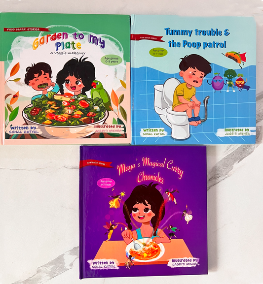 Food Safari Stories - Combo of 3 (Garden to my Plate, Tummy trouble and the Poop Patrol, Maya's magical Curry chronicles))